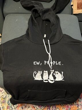 Cat Graphic Black Hoodie - "Ew, People."